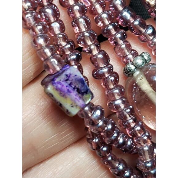 Multilayered Purple Glass Beaded Necklace, Seed Beads, Swirled Art Glass, Shell - Picture 7 of 12